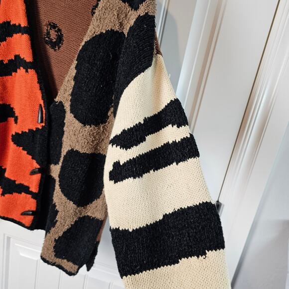 Vtg Carole Little Cardigan Women Med Brown Animal Print Knit Patchwork Boho Cats - Picture 6 of 11
